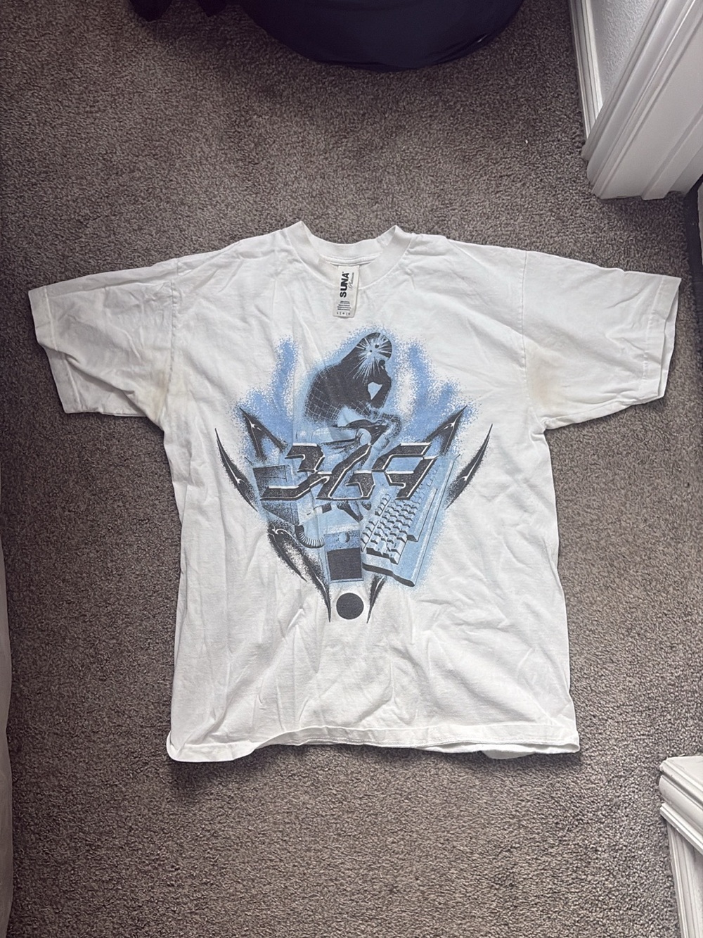 White Graphic Tee with Blue and Black Retro Designed